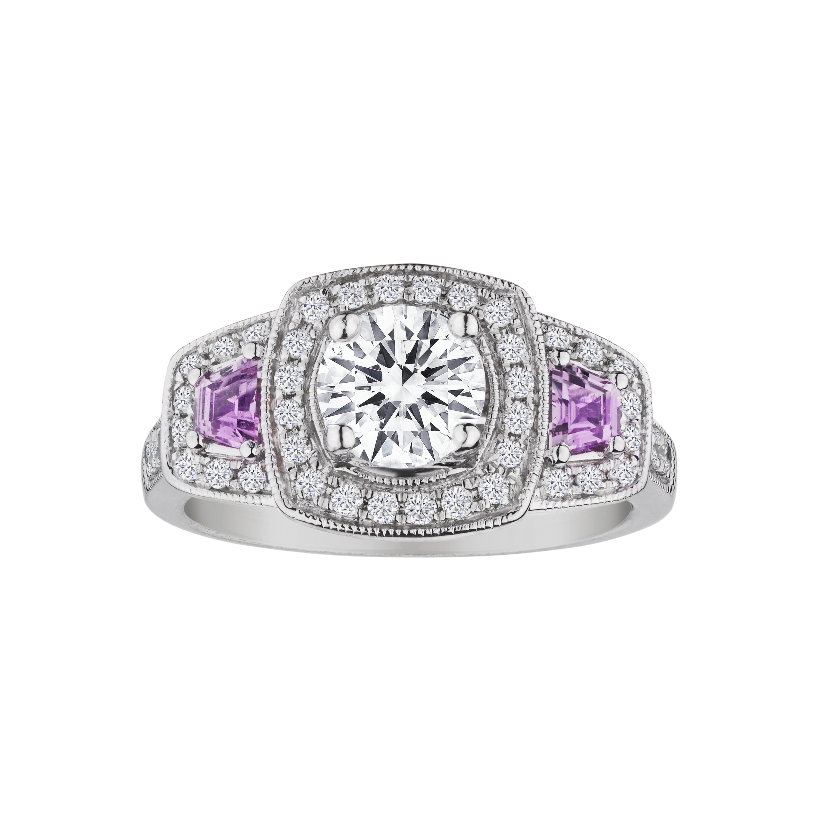 1.80 Carat of Genuine Moissanite, Pink Sapphire and Diamonds Ring,  "Past, Present, Future". Gemstone Rings. Griffin Jewellery Designs