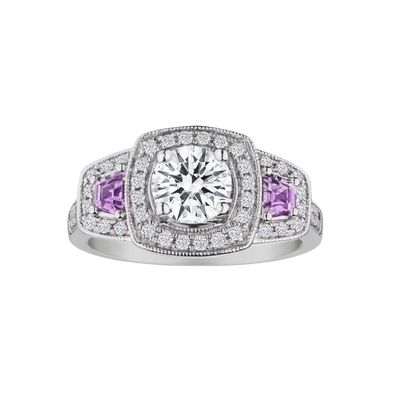1.80 Carat of Genuine Moissanite, Pink Sapphire and Diamonds Ring,  "Past, Present, Future". Gemstone Rings. Griffin Jewellery Designs