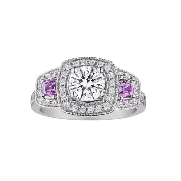 1.80 Carat of Genuine Moissanite, Pink Sapphire and Diamonds Ring,  "Past, Present, Future". Gemstone Rings. Griffin Jewellery Designs