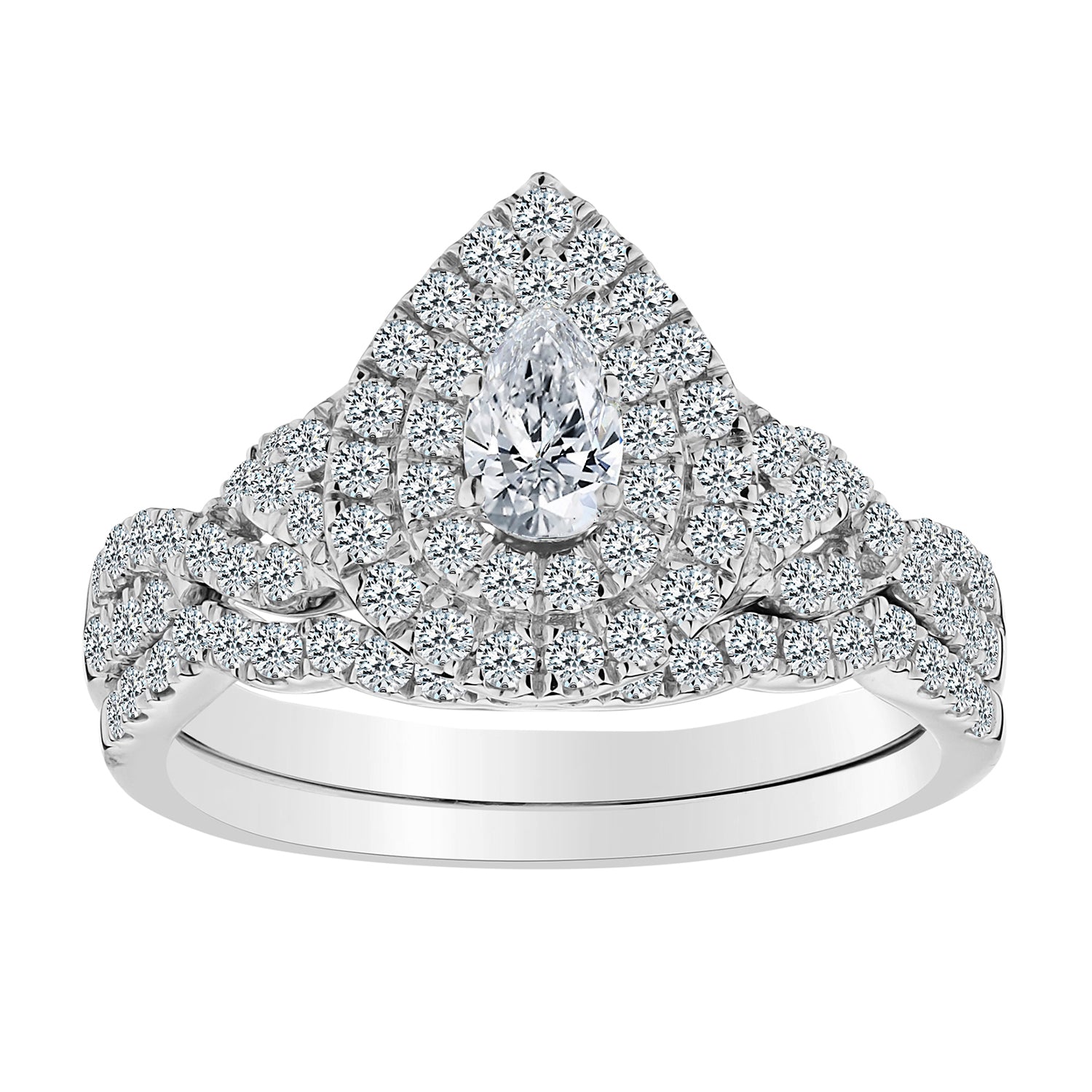 .25 Carat Pear Shape Centre,  1.00 Carat Total Diamond Ring Set.  14kt White Gold. Griffin Jewellery Designs