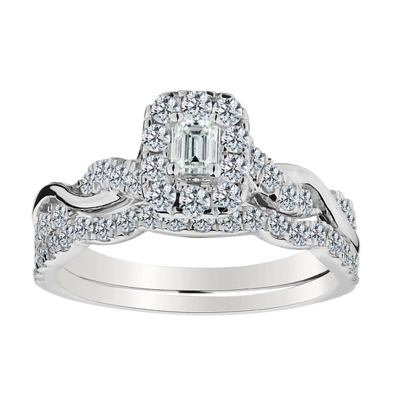 .20 Carat Emerald Cut Centre,  1.00 Carat Total Diamond Weight Ring Set.  14kt White Gold. Griffin Jewellery Designs