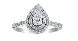 .75 Total Diamond Weight Double Halo Pear Shape Ring, .33 Carat Pear Cut Centre, 14kt White Gold. Griffin Jewellery Designs