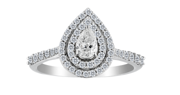 .75 Total Diamond Weight Double Halo Pear Shape Ring, .33 Carat Pear Cut Centre, 14kt White Gold. Griffin Jewellery Designs