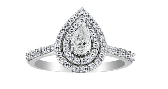 .75 Total Diamond Weight Double Halo Pear Shape Ring, .33 Carat Pear Cut Centre, 14kt White Gold. Griffin Jewellery Designs