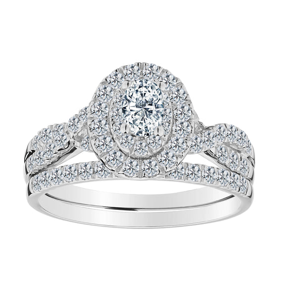 .23 Carat Oval Centre,  1.00 Total Diamond Halo Engagement Ring Set.  14kt White Gold. Griffin Jewellery Designs