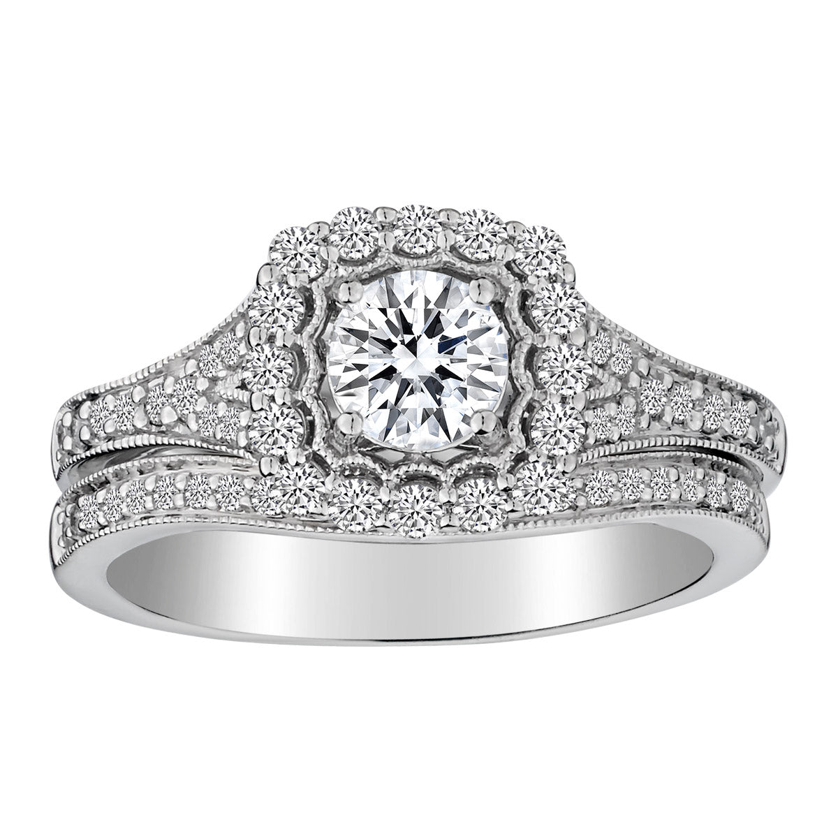 1.00 Carat Diamond Halo Engagement Ring Set, 14kt White Gold. Griffin Jewellery Designs