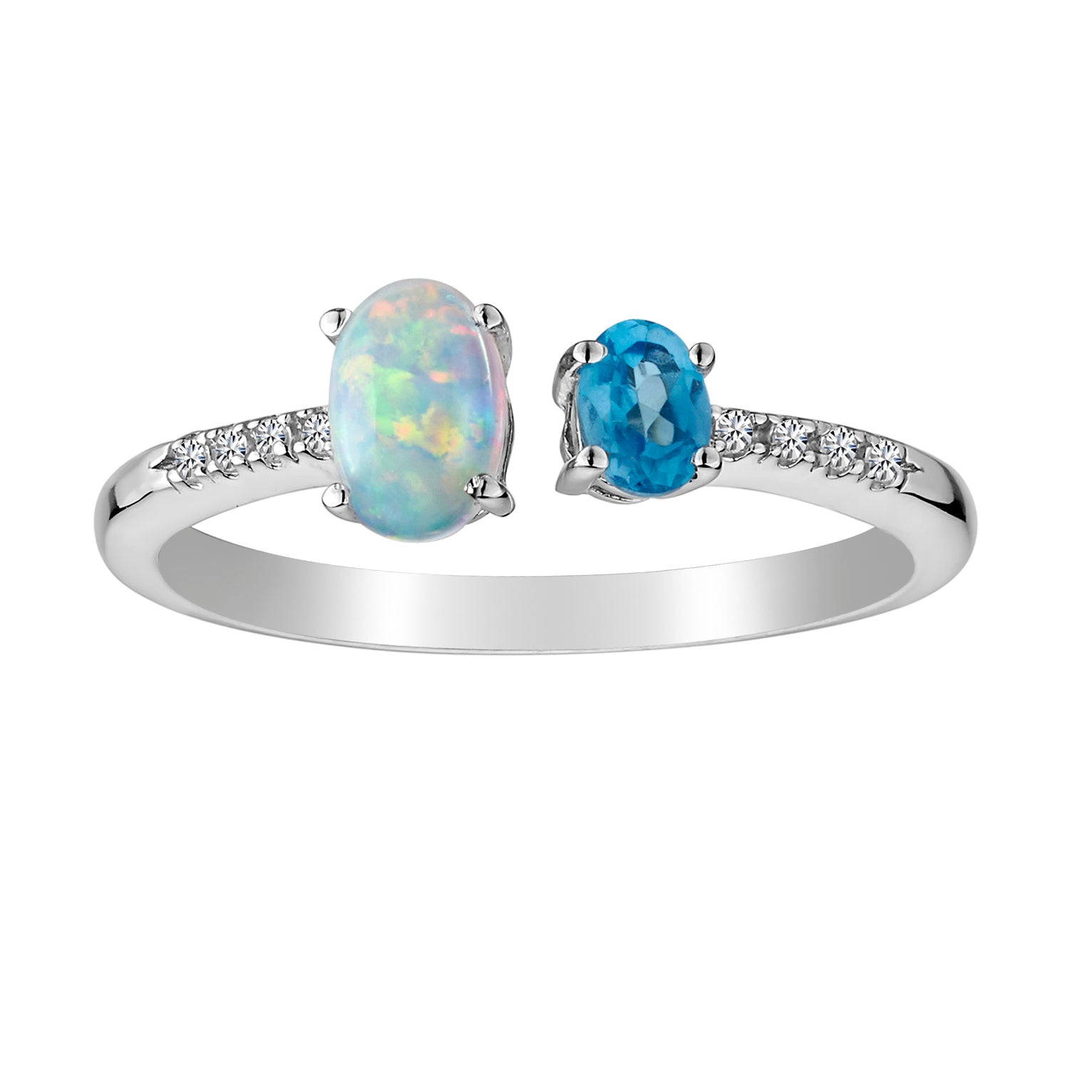 Swiss Blue Topaz Created Opal & White Sapphire Ring,  Sterling Silver. Gemstone Rings. Griffin Jewellery Designs