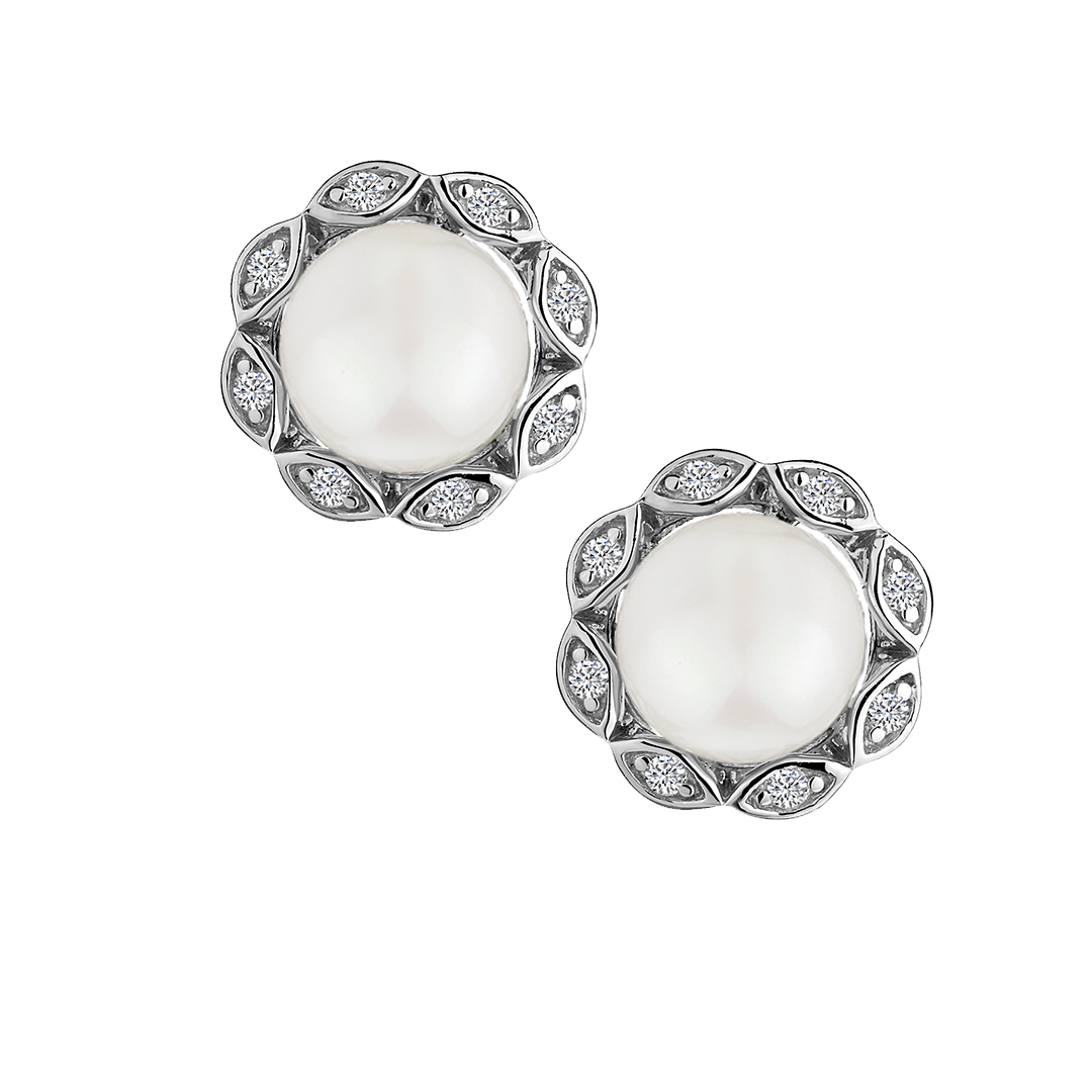 Created White Sapphire & Fresh Water Pearl Stud Earrings,  Sterling Silver. Griffin Jewellery Designs