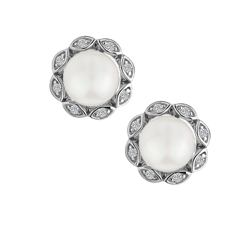 Created White Sapphire & Fresh Water Pearl Stud Earrings,  Sterling Silver. Griffin Jewellery Designs