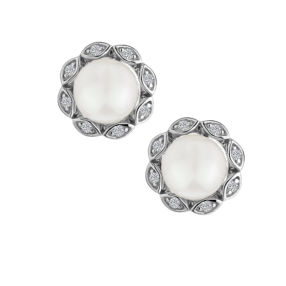 Created White Sapphire & Fresh Water Pearl Stud Earrings,  Sterling Silver. Griffin Jewellery Designs