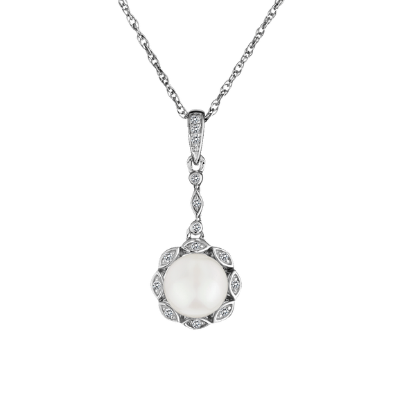 Created White Sapphire and Fresh Water Pearl Pendant,  Sterling Silver. Necklaces and Pendants. Griffin Jewellery Designs. 